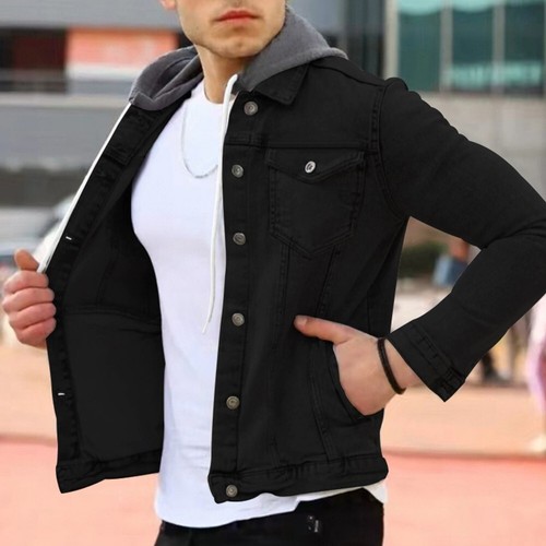 Para Hombres Manga Larga Solapa Prendas para el torso Abrigo con Capucha Jean Abotonado Calce Ajustado Chaqueta Otoño - Imagen 11 de 15