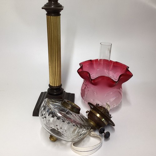 Antique Oil Lamp Thomas Rowatt Duplex Burner Cranberry Glass Shade Crystal Font - Picture 10 of 12