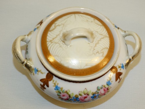 VINTAGE HANDBEMALTE NORITAKE PORZELLAN ZUCKERDOSE MIT DECKEL ROSA ROSEN ALTE GRÜNE MARKE - Bild 7 von 10