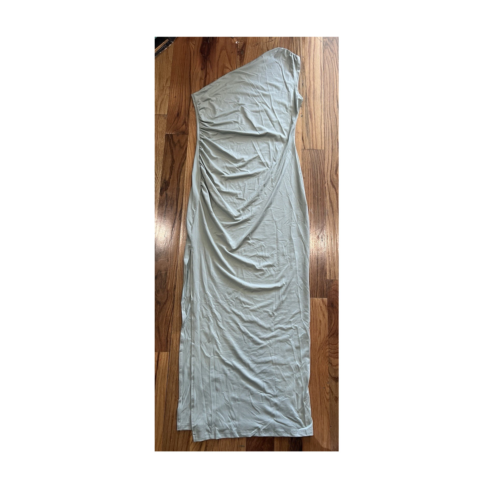 Sleeveless One Shoulder Asymmetric Ruched Sheath Long Dress Solid Green Size S