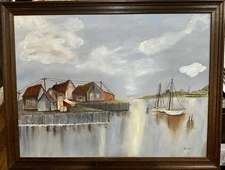 Mid Century Realist Signed Oil Painting Sailboats Harbour by JL Enzini