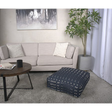 Dark Blue and White Fabric Square Pouf Ottoman, 25"x25"x8"