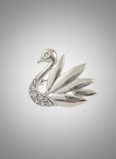 Vintage Silver Toned Swan Pin Brooch With Rhinestones