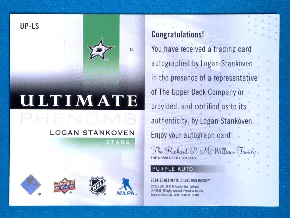 2024-25 UD Ultimate Phenoms ON CARD Auto Logan Stankoven PURPLE 5/5 SSP (RC) - Image 2 of 2