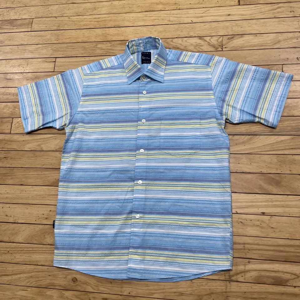 Рубашка мужская Karl Kani Jeans 90-е текстурированная на пуговицах L синяя желтая полоса Seersucker - Изображение 3 из 4