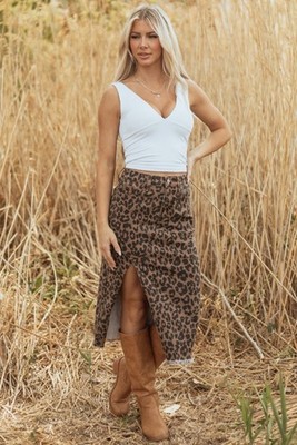 Brown Leopard Denim Frayed Split MIDI Skirt Size (US 8-10) Medium