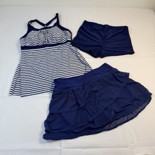 Women s M Tankini Bathing Suit Blue Navy 3 Piece Short Skirt Stripes New Swim