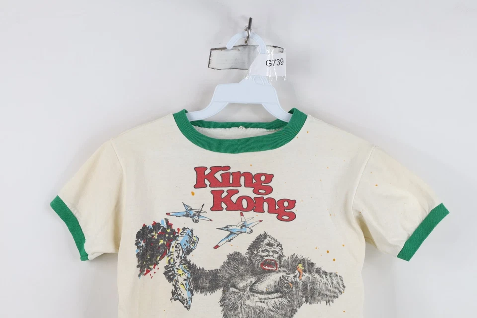 Vintage 70s Boys Large Thrashed King Kong Short Sleeve Ringer T-Shirt White USA - Image 2 of 4