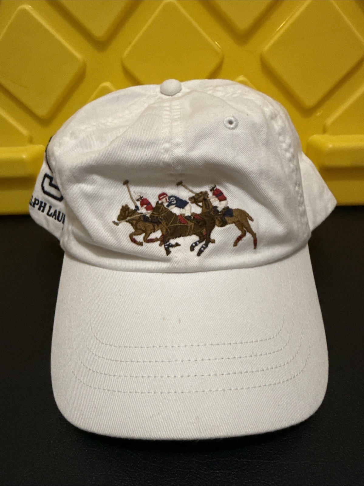 Cappello Polo Ralph Lauren Stampede Regolabile Cinturino Pelle Schienale 3 Pony Bianco