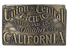 VINTAGE 1970s Bergamot Brass UNION & CENTRAL PACIFIC RAILROAD Belt Buckle F-36