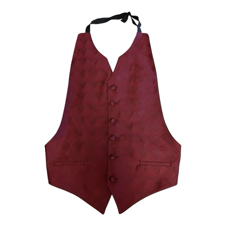 Perry Ellis Mens Formal Tuxedo Vest~Fit All 37-50~Maroon Black Geometric ~ L14 5 - Image 2 of 4