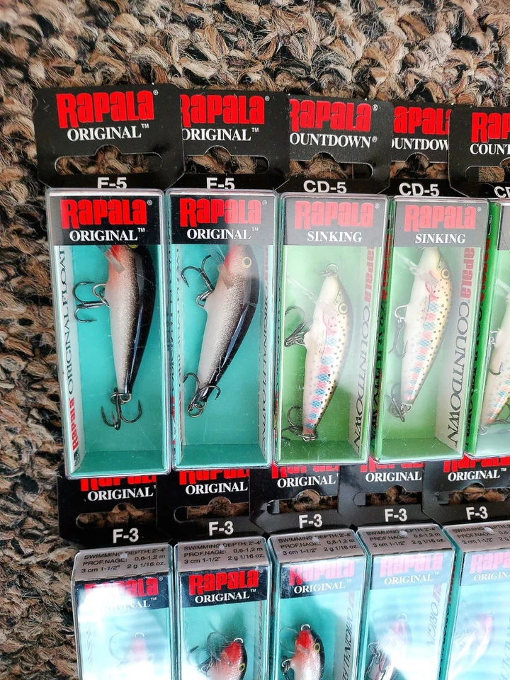 Lote de 10 señuelos de pesca de lubina Rapala originales flotantes F-3 F-5 cuenta regresiva CD-5 Foto 2 de 3
