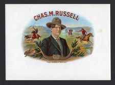 EX RARE Old Original CHAS. M. RUSSELL Cigar Label - CATTLE ROPING - GUN FIGHT