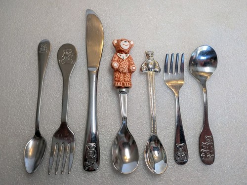 Stainless Steel Baby Toddler Teddy Bear Spoon Fork Lot of 7 Vintage