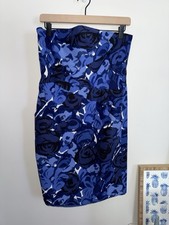 Ann Taylor Strapless Dress Women's Size 8 Blue Floral Silk Blend Lined Back Slit