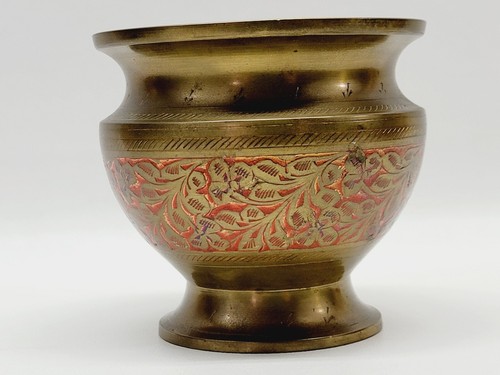 Vintage Solid Brass 4" Ornate Enameled Inlay Footed Bowl/Vase - Picture 2 of 12
