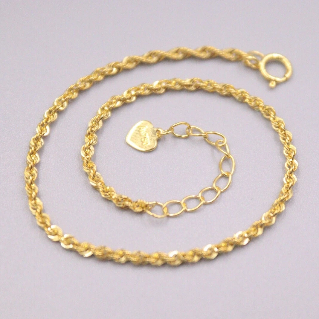 Real 18K Yellow Gold Bracelet For Women 1.8mm Twist Rope Link 7inch Length