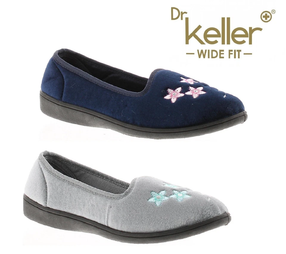 DR KELLER LADIES WIDE FIT VELOUR FLORAL COMFY WOMENS SLIP ON SLIPPERS SIZE
