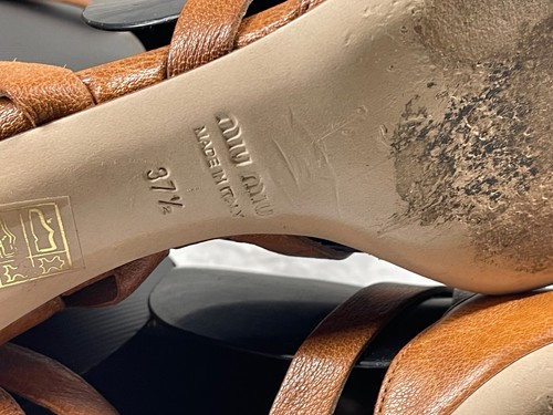 Miu Miu Sandals Women 37.5 / 7.5M Gladiator Shoes Brown Leather Block Ankle Wrap - Picture 17 of 21