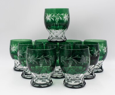 Val Saint Lambert  Set Of 10 ''Vignes'' Emerald Green Tumblers
