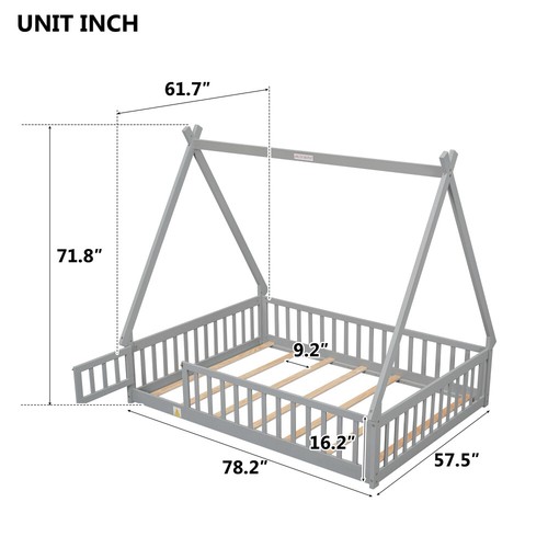 House Bed Tent Bed Frame Full Size Wood Floor Play Bed with Guardrails for Kids - Picture 24 of 27