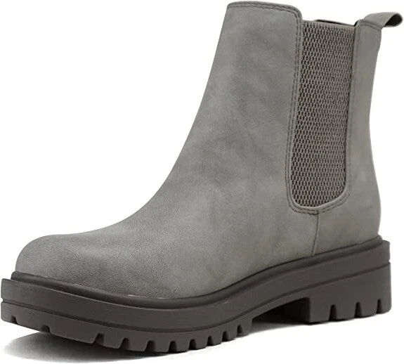 Soda Pilot Grey Nubuck Lug Sole Low Heel Chelsea Ankle Boots Double Elastic Gore