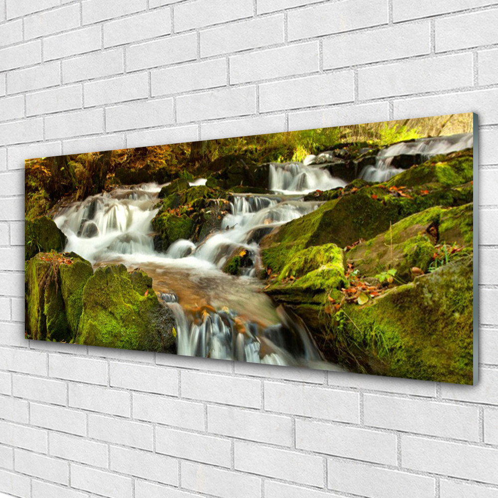 Tableau moderne en verre de sécurité 125x50 cm impression paysage cascade et rochers