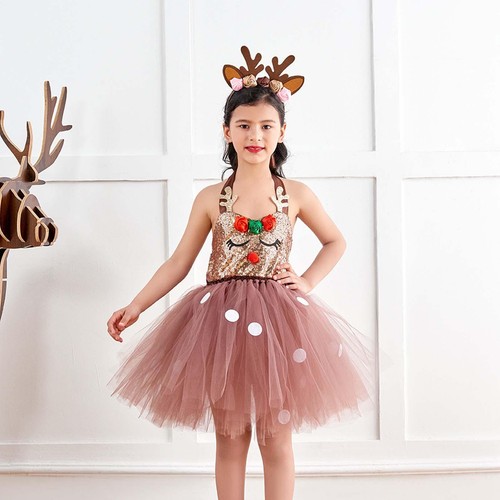 Reindeer Costume Dress for Girls Girls Glitter Brown Tutu Dress Christmas manner - Picture 2 of 6