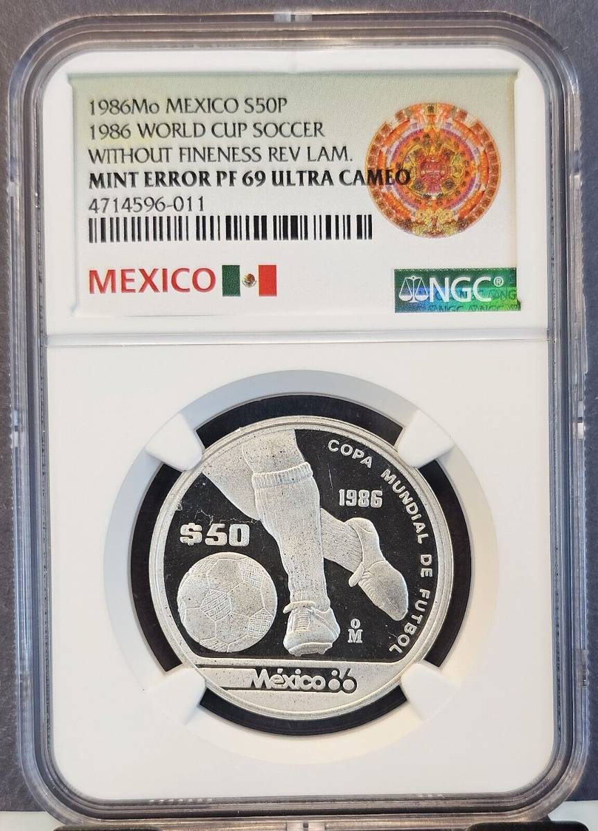 1986 MEXICO SILVER 50 PESOS WORLD CUP FOOTBALL NGC PF 69 ULTRA