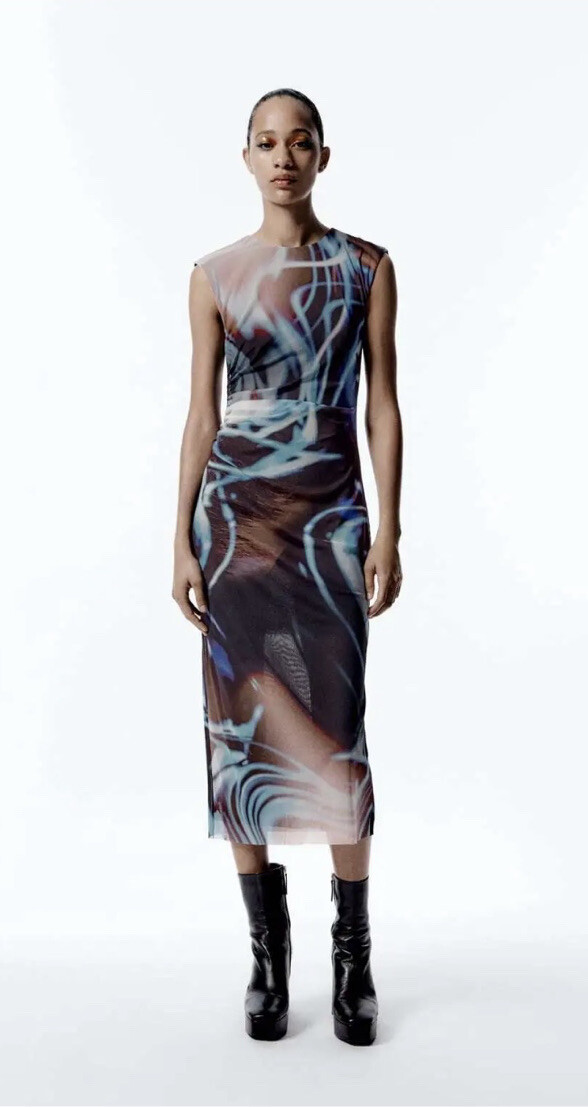 NWOT Zara Printed Sleeveless Tulle DressTie Dye Blues/Browns Swirl Small
