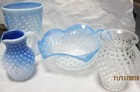 4 Signed Czech Hobnail  Pieces, 3 Opalescent, 1 Clear, 2 Vases 1 Bowl, 1 Pitcher — photo 1