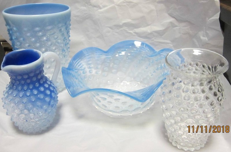 4 Signed Czech Hobnail  Pieces, 3 Opalescent, 1 Clear, 2 Vases 1 Bowl, 1 Pitcher