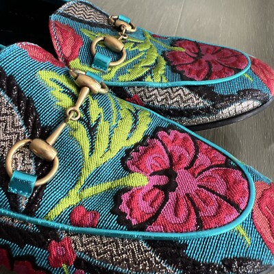 GUCCI Jordaan Floral Embroidered Brocade Horsebit Loafers EU