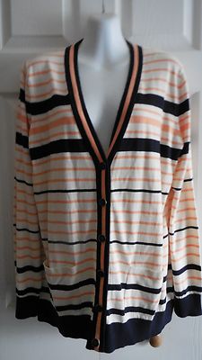 NWT $89 TALBOTS COTTON BLEND STRIPED V NECK BUTTON DOWN CARDIGAN SWEATER XL