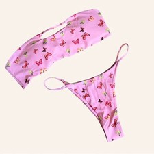 Zaful Pink Butterfly Print String Strapless Bikini Set Size 6 NWOT