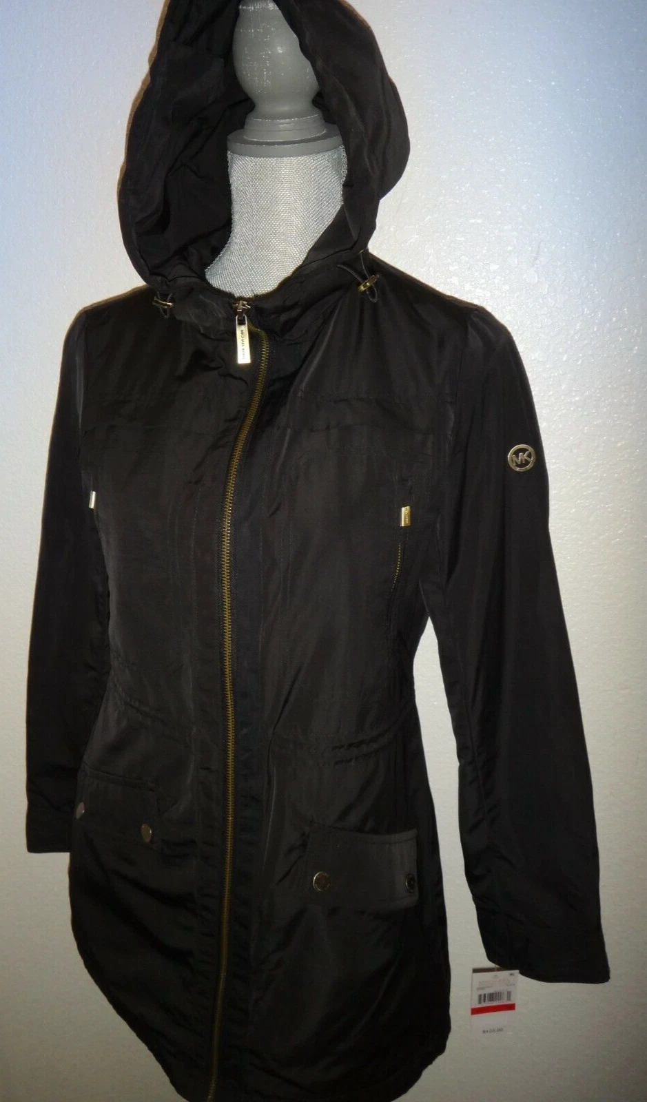 MICHAEL KORS Trench Cappotto Donna MK Zip con Cappuccio Nero Poliestere Taglia S M L