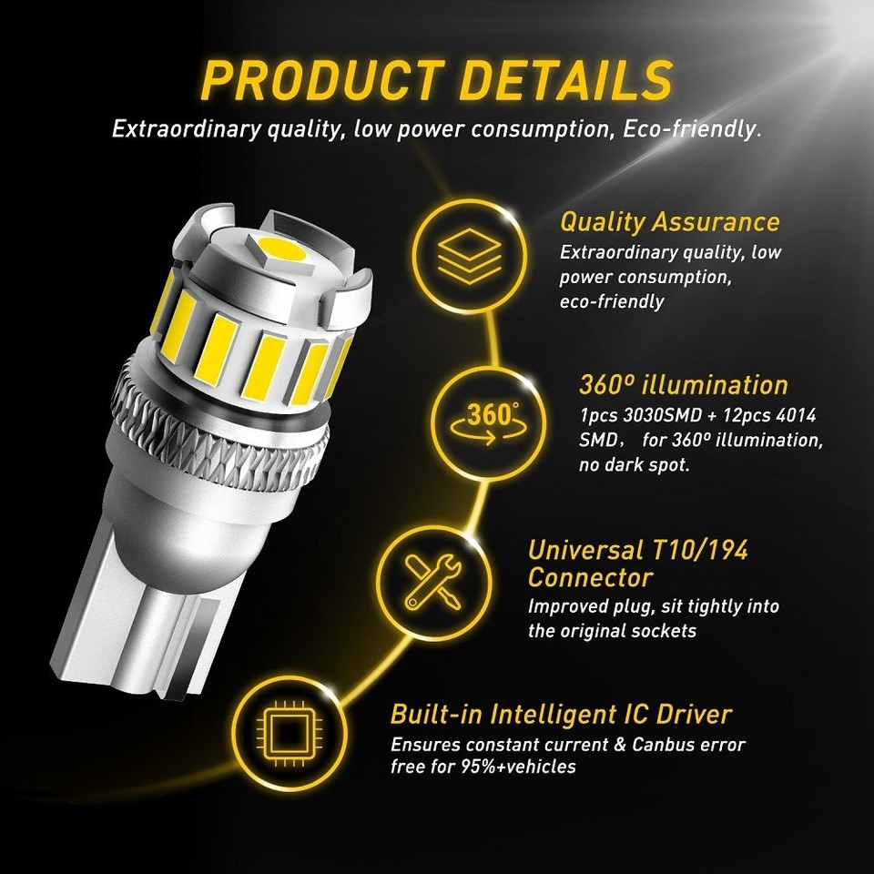 AUXITO 2PCS T10 501 LED Car Bulbs Canbus 501 Side Light Error Free ...