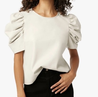 TCEC White Faux Leather Puff Sleeve Top Chic Minimalist Blouse | Size S