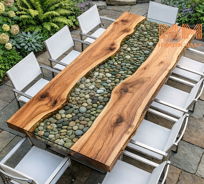 Pebbles Epoxy Resin River Table, Custom Table Top, Live Edge Wood Table,