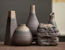 Set of 5 Rustic Rough Pottery VASES Different Sizes