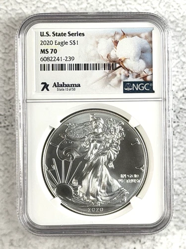 2020 $1 AMERICAN SILVER EAGLE NGC MS70 U.S. STATE SERIES ALABAMA LABEL