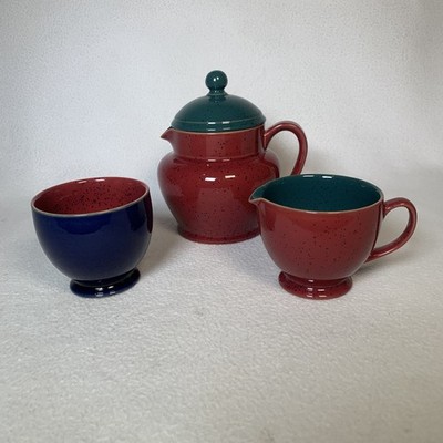 Denby Harlequin Stoneware Tea Pot Sugar Creamer  Set Green/Blue/Red England