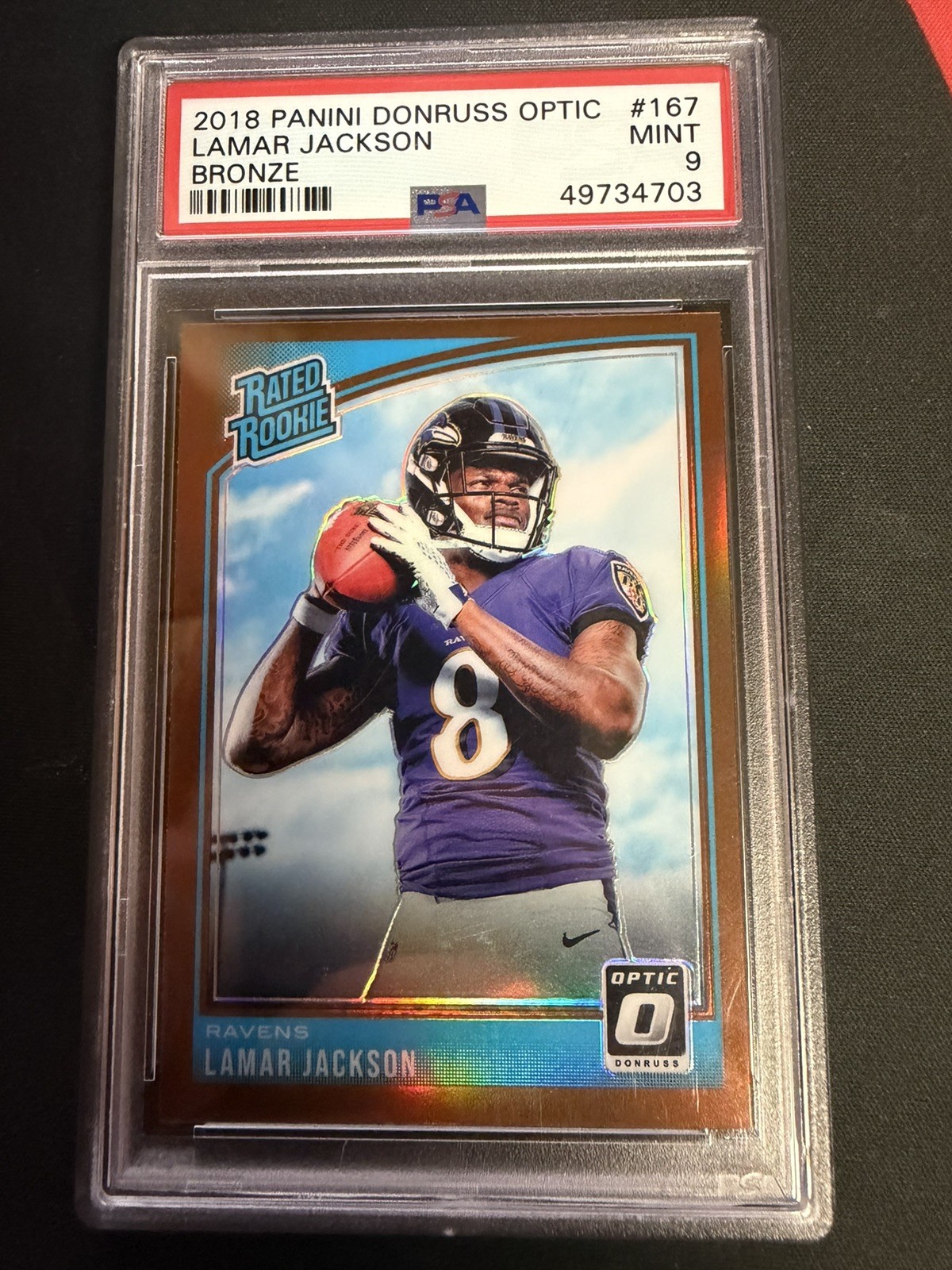 LAMAR JACKSON 2018 PANINI DONRUSS OPTIC BRONZE PRIZM ROOKIE RC #167 PSA 9 RAVENS