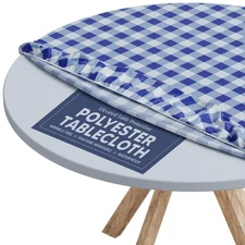 Blue Checked Round Tablecloth - 48" Waterproof Washable Fitted