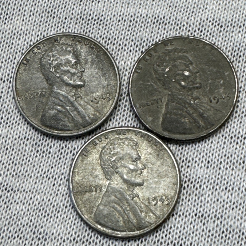 #3O: (New Low $) Set of 3 1943 Rare Steel Lincoln Wheat Cent-You Grade-Bid Now