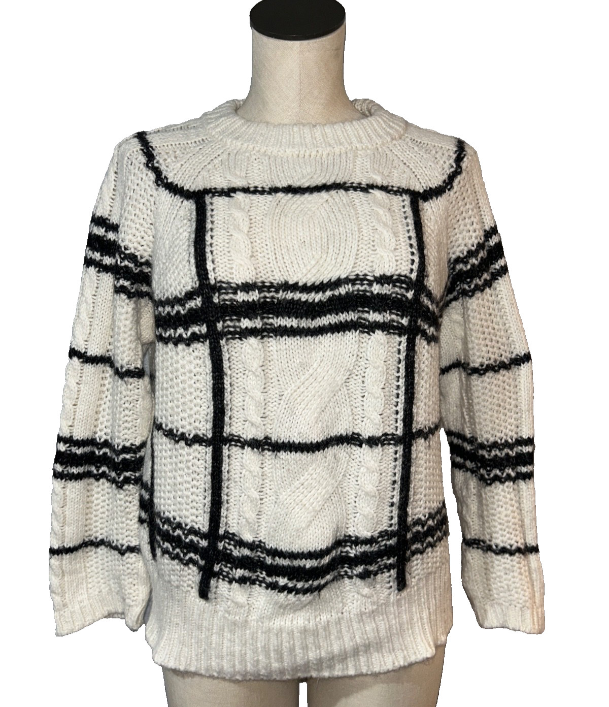 Massimo Dutti Chunky Sweater Women’s Size M Windowpane Cotton Wool Alpaca Crew