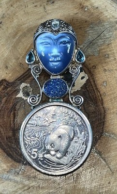Sajen 925 Sterlingsilber Blautopas Druzy Göttin Panda Münze Anhänger Atemberaubend