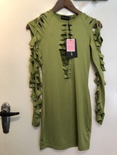 PLT Slinky Olive Green Extreme Cut Out Detail Long Sleeve Bodycon Dress 10 BNWT
