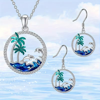 Elegant Colorful Dolphin Pendant Necklace with earrings set with gift box