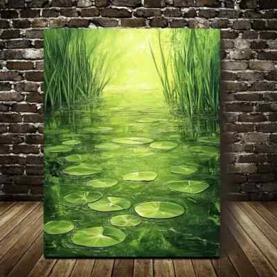 Serene Emerald Green Water Grass Meadow Painting Metal Print Ready to Hang